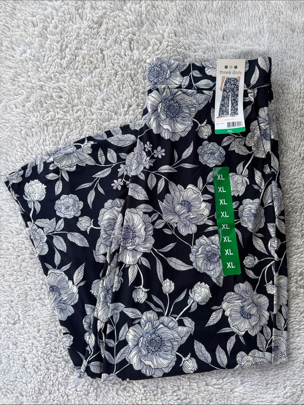 Three Dots Navy and White Floral Wide-Leg Pants